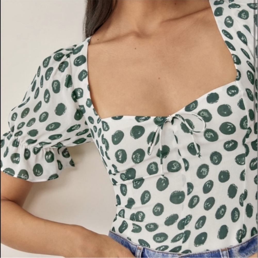 REFORMATION Delevan Top Tapioca Polka Dot Green White 0